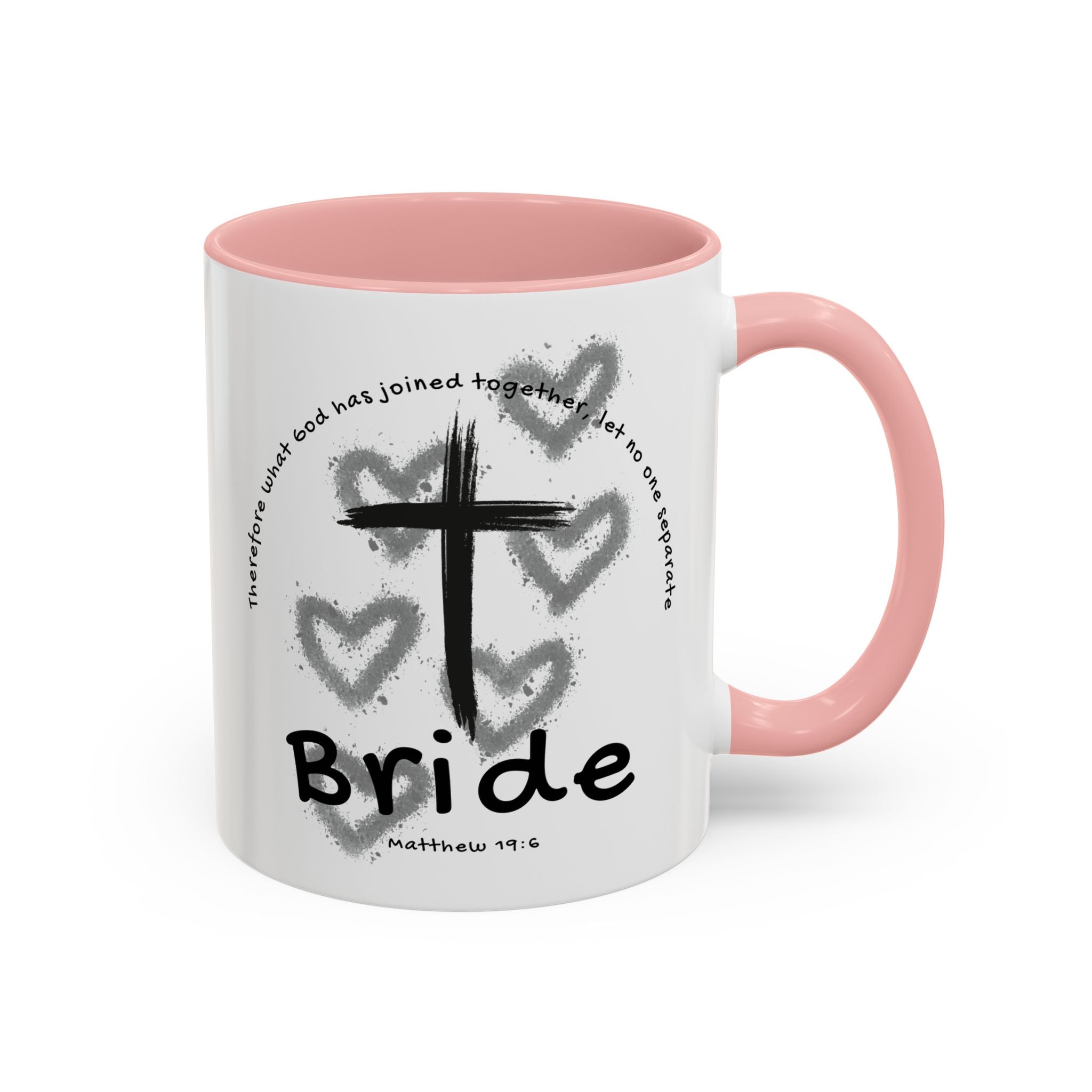 Bride Coffee Mug — Christian Cross & Hearts Accent Mug (Matthew 19:6)