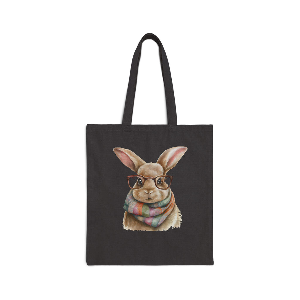 Canvas Tote Bag — Cute Bunny with Glasses & Plaid Scarf | Eco-Friendly Grocery, Book & Gift Tote