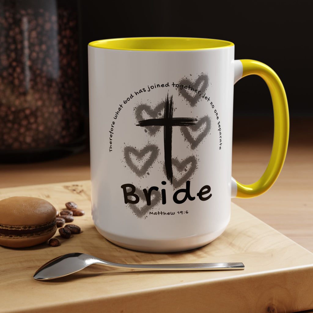 Bride Coffee Mug — Christian Cross & Hearts Accent Mug (Matthew 19:6)