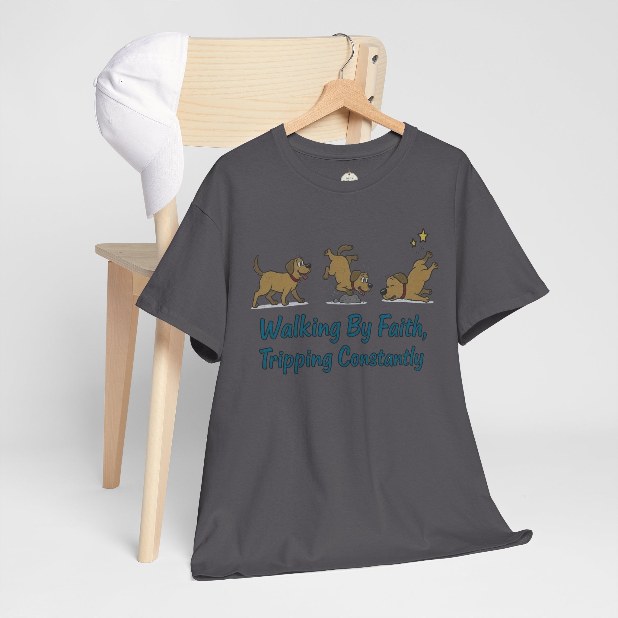 Faith Dog T-Shirt — "Walking By Faith, Tripping Constantly" Cute Christian Tee