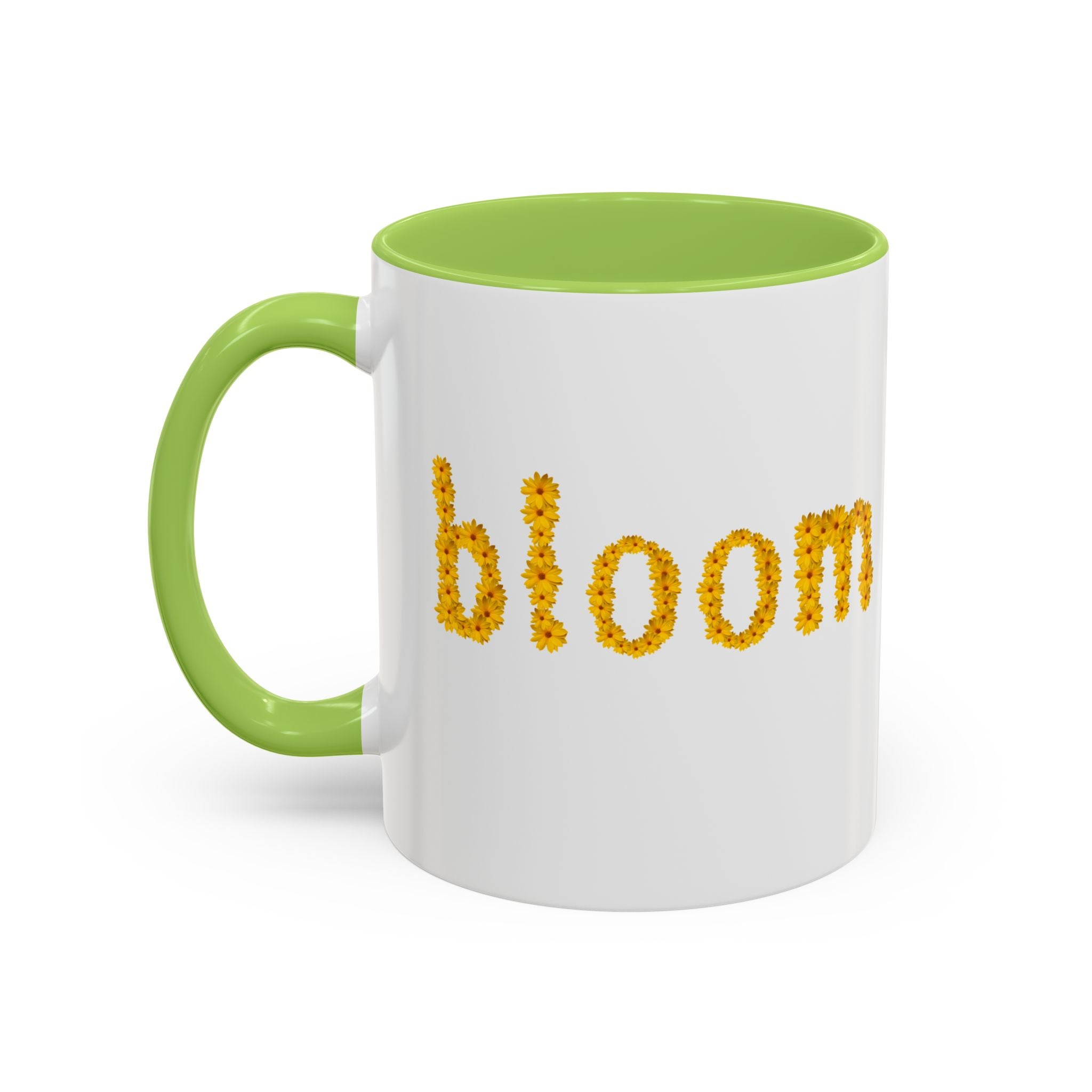 "bloom" floral text Coffee Mug | sunflower petal typography, white & black accent