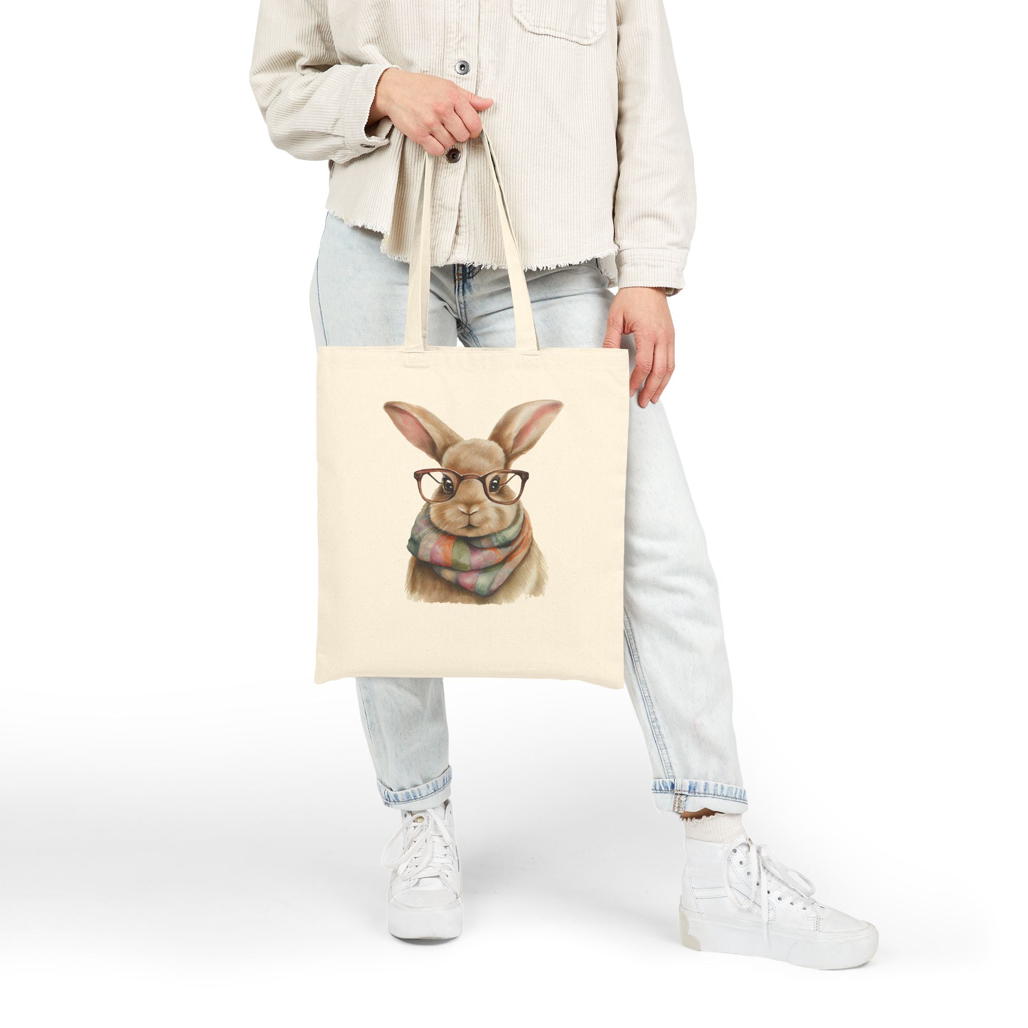 Canvas Tote Bag — Cute Bunny with Glasses & Plaid Scarf | Eco-Friendly Grocery, Book & Gift Tote