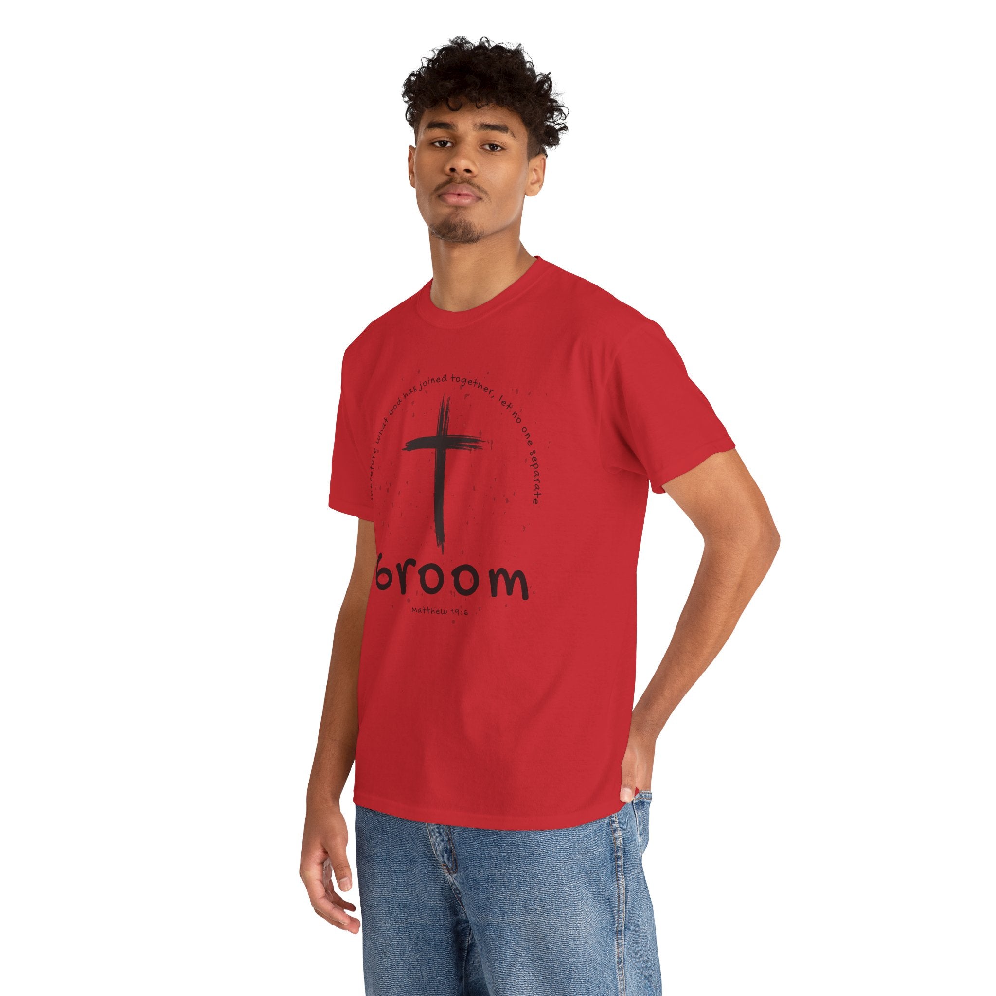 Groom Cross Tee — Christian Wedding Groom T-Shirt (Scripture Verse Design) - Christian - Matthew 19:6