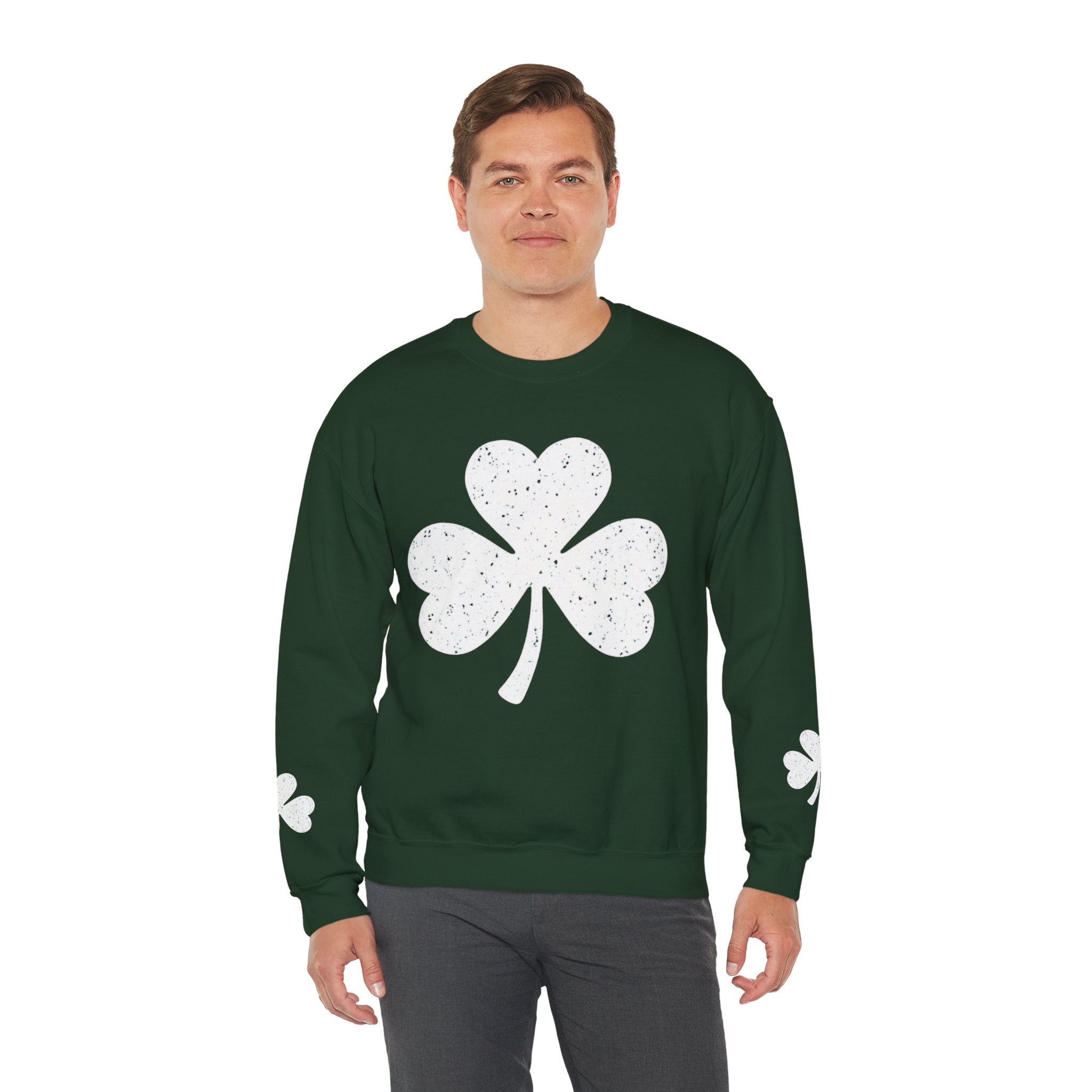 Shamrock Crewneck Sweatshirt – Distressed Green Clover St. Patrick’s Day Pullover