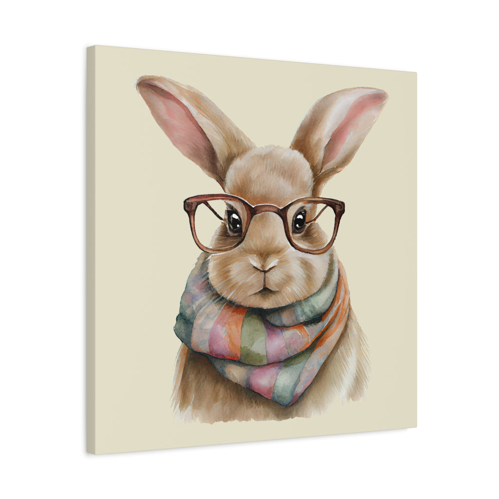 Hipster Bunny Canvas Art – Bunny with Glasses & Colorful Scarf Matte Stretched Wall Decor