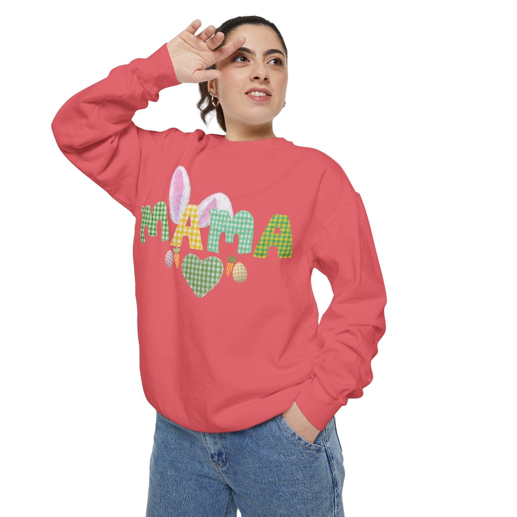 Mama Easter Bunny Sweatshirt — Cute Plaid ‘MAMA’ with Bunny Ears & Eggs