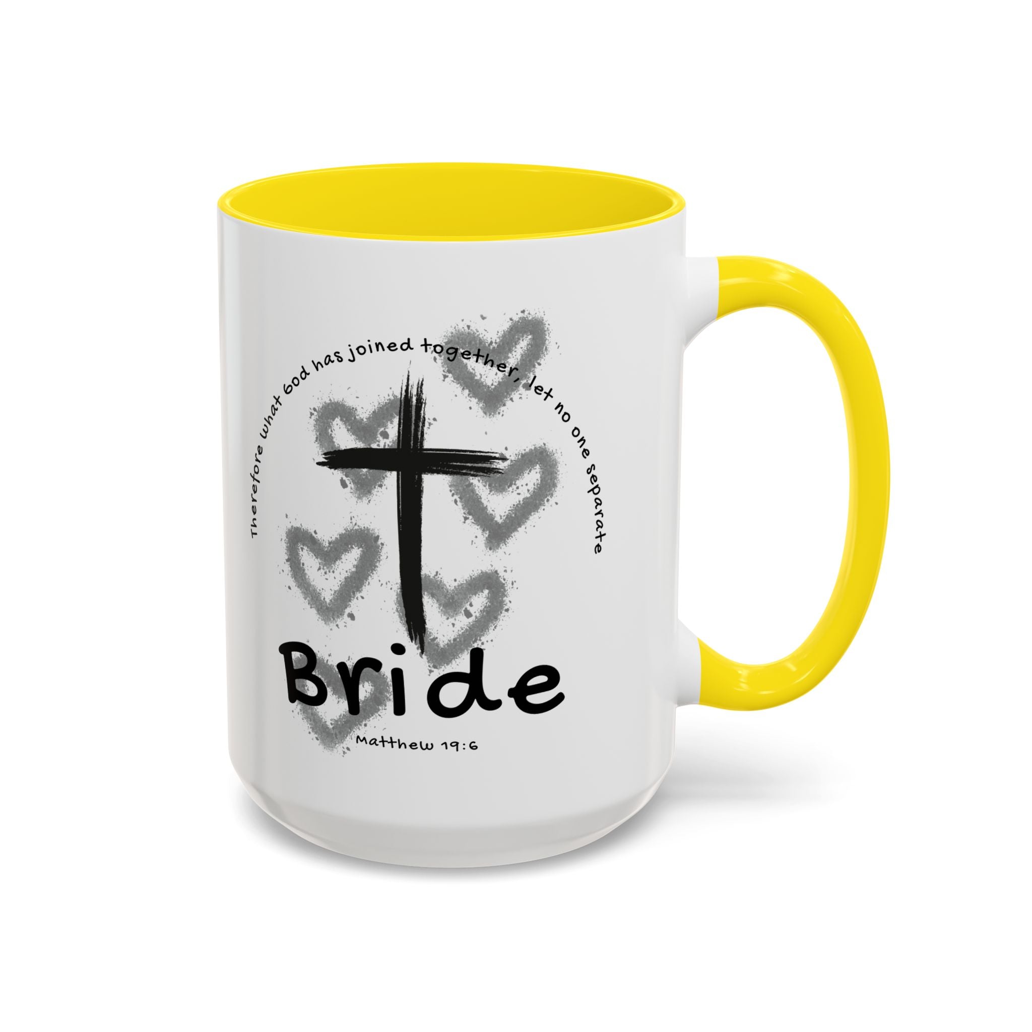 Bride Coffee Mug — Christian Cross & Hearts Accent Mug (Matthew 19:6)