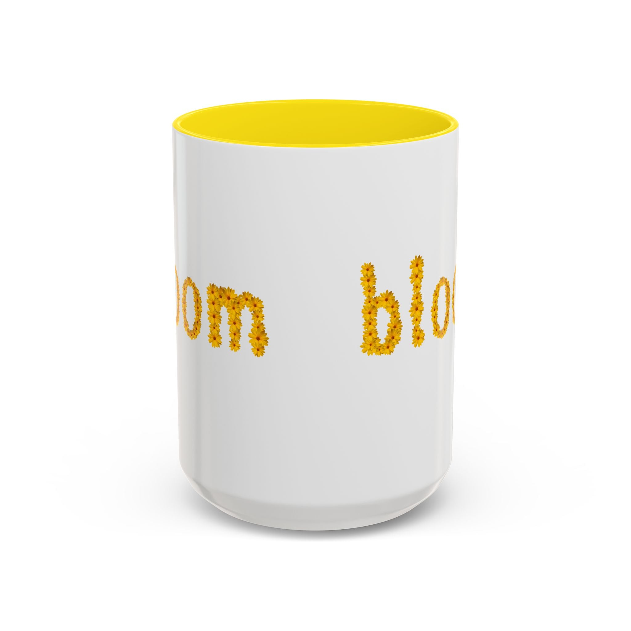"bloom" floral text Coffee Mug | sunflower petal typography, white & black accent