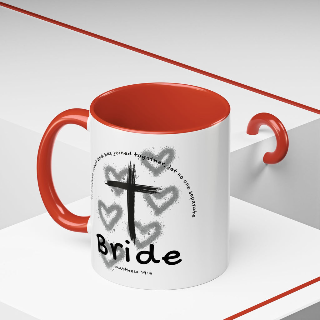 Bride Coffee Mug — Christian Cross & Hearts Accent Mug (Matthew 19:6)