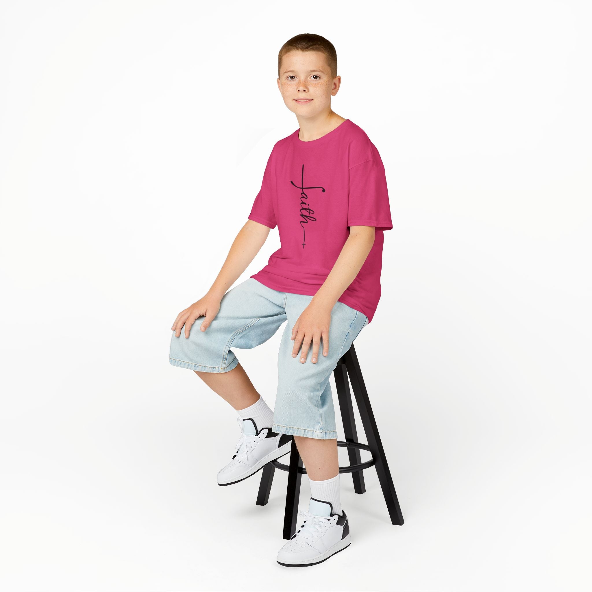 Kids Tee — Vertical "faith" Cross Script Graphic
