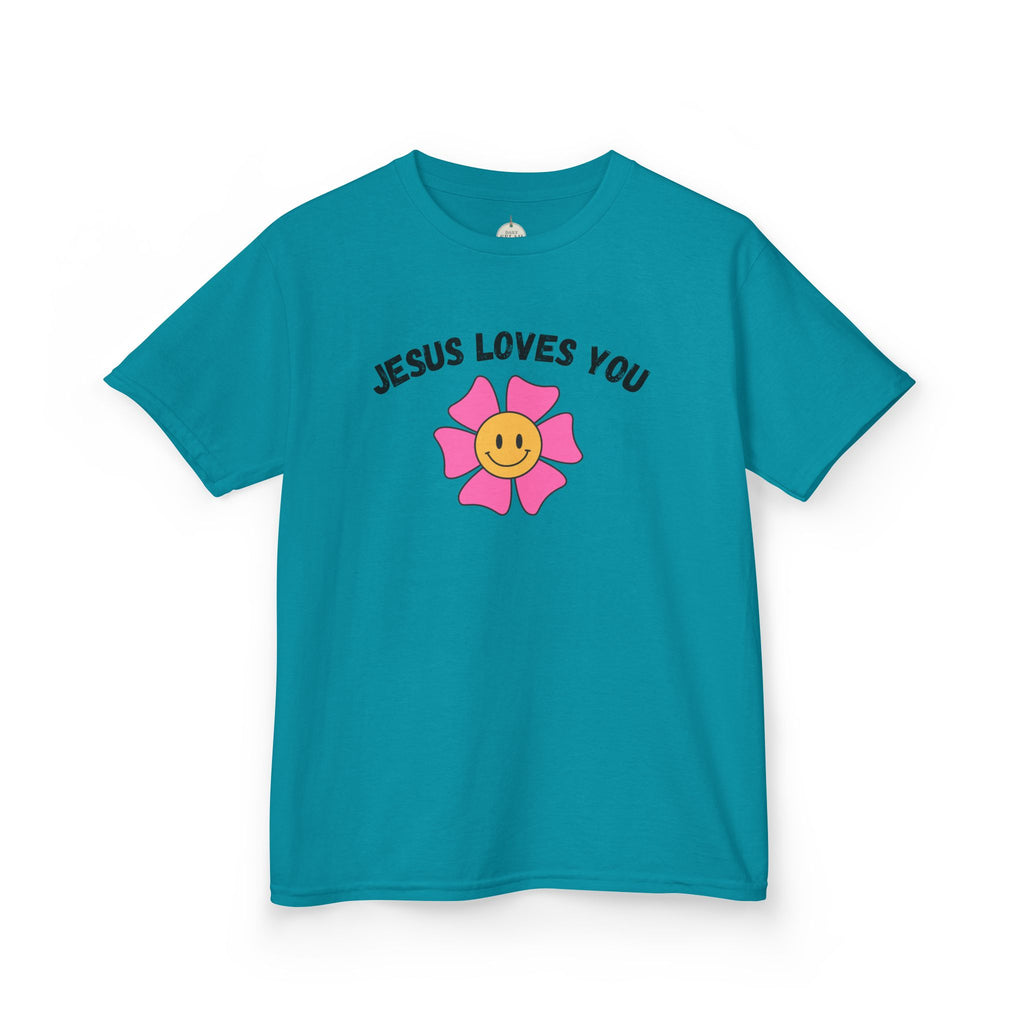 Kids T-Shirt — "Jesus Loves You" Smiley Flower Christian Tee