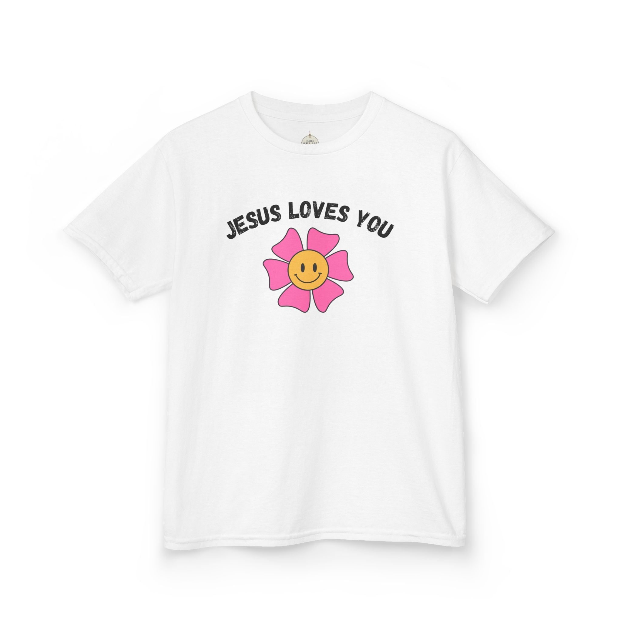 Kids T-Shirt — "Jesus Loves You" Smiley Flower Christian Tee