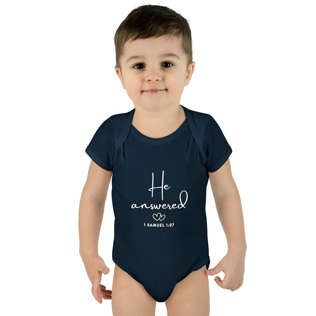 He Answered Infant Bodysuit | 1 Samuel 1:27 Scripture Baby Onesie