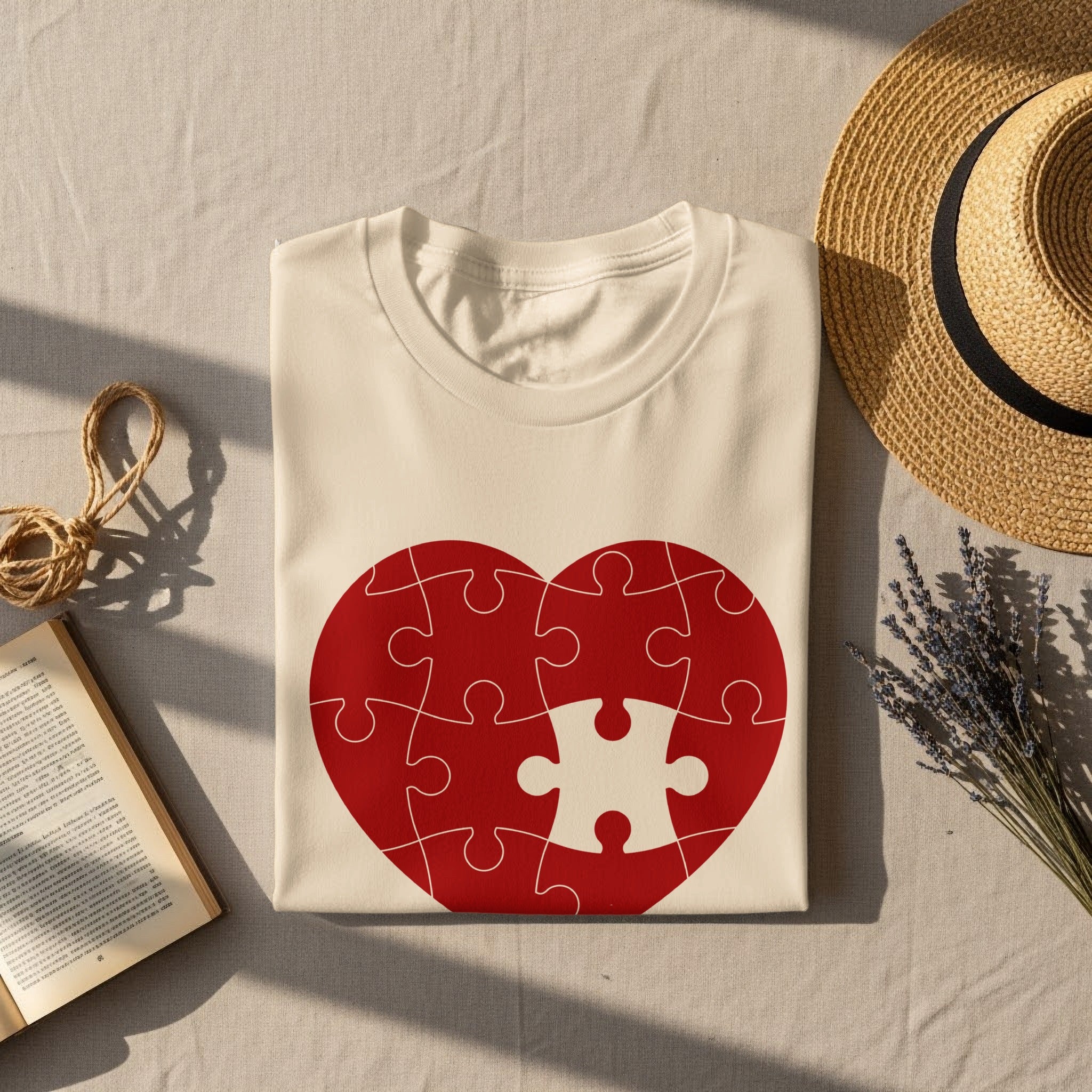 Cream t-shirt with a red heart puzzle graphic, one piece missing.