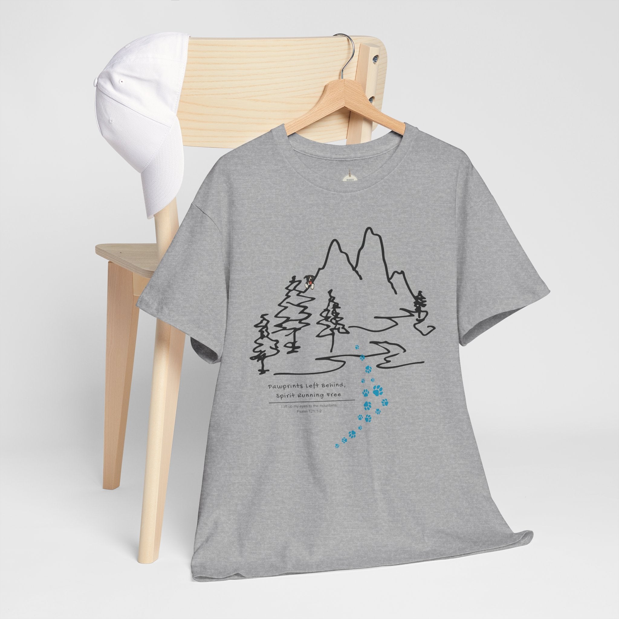 Rainbow Bridge T‑Shirt — Minimal Line Art Nature Tee with 'Follow the Dog Prints' Design Psalms 121