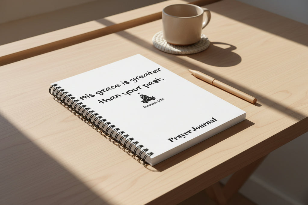 Prayer Journal Notebook — "His grace is greater than your past" (Romans 8:20)