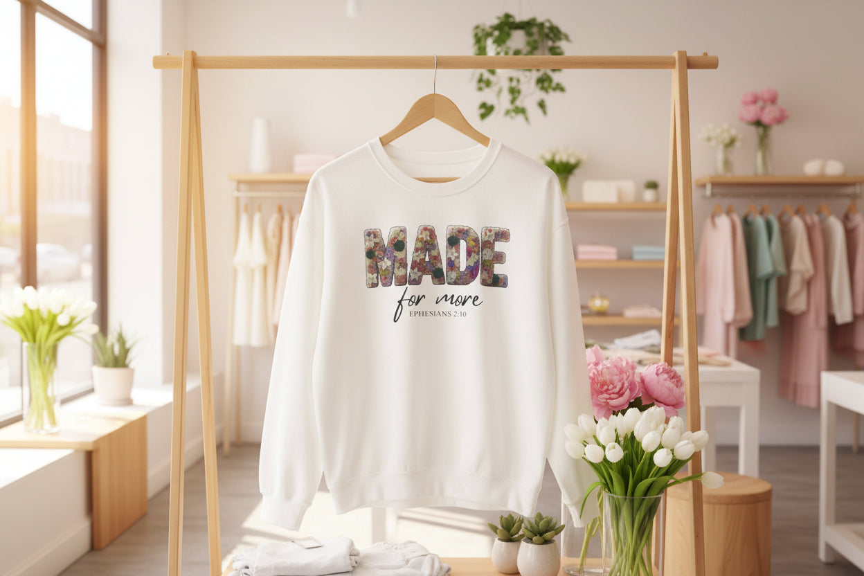 Crewneck Sweatshirt — "Made for More" Floral Inspirational Pullover Ephesians 2:10
