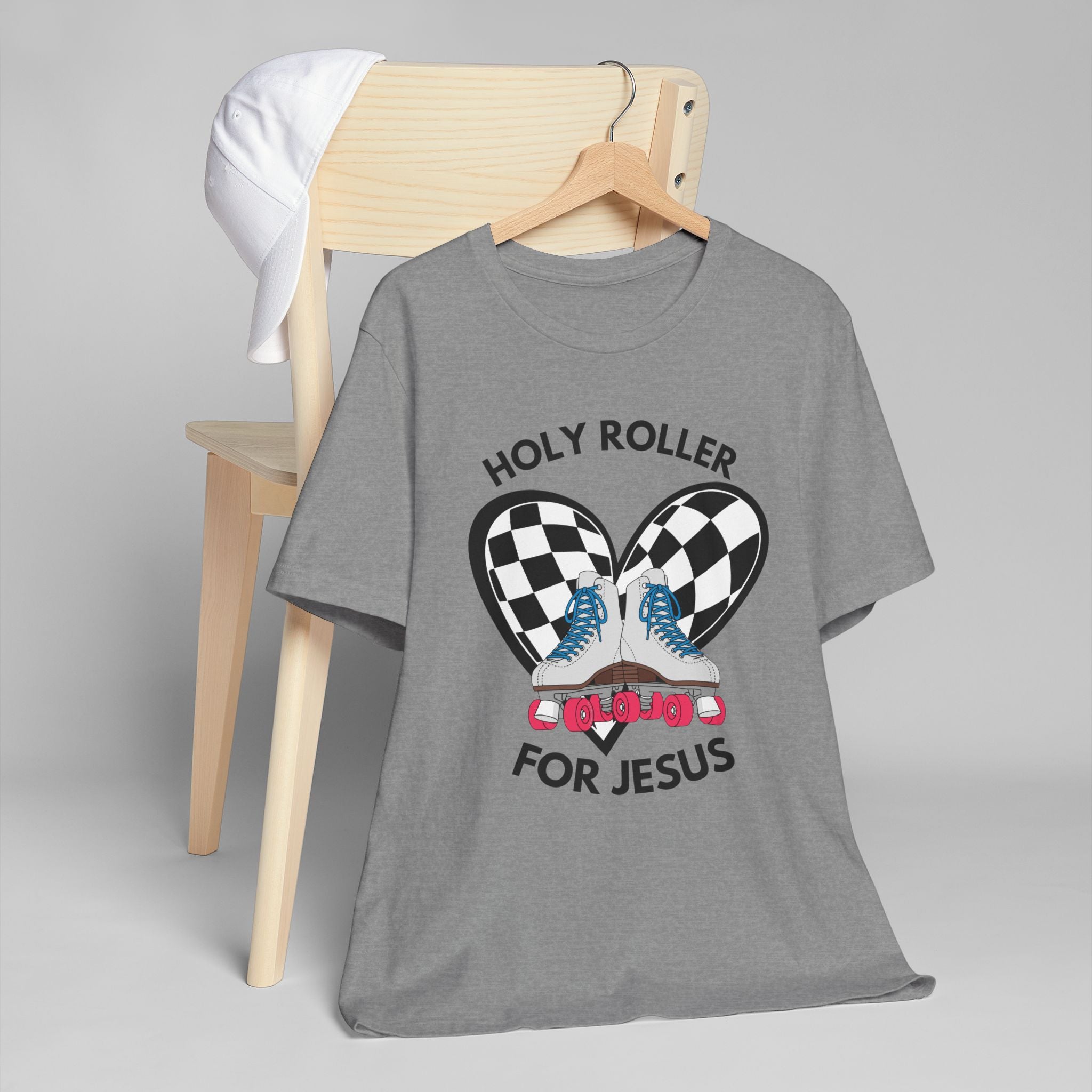 Holy Roller For Jesus T-Shirt — Retro Roller Skates & Checker Heart Christian Tee