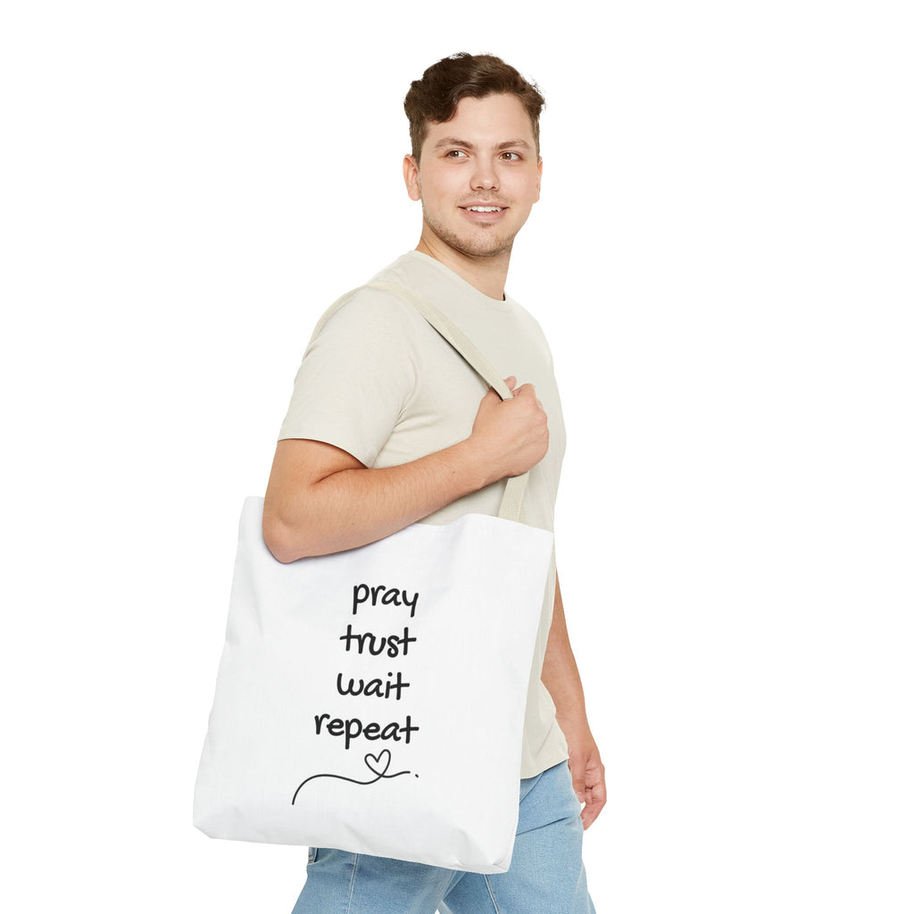 Pray Trust Wait Repeat Tote Bag — Inspirational Faith Canvas Tote