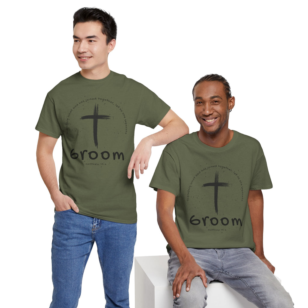 Groom Cross Tee — Christian Wedding Groom T-Shirt (Scripture Verse Design) - Christian - Matthew 19:6