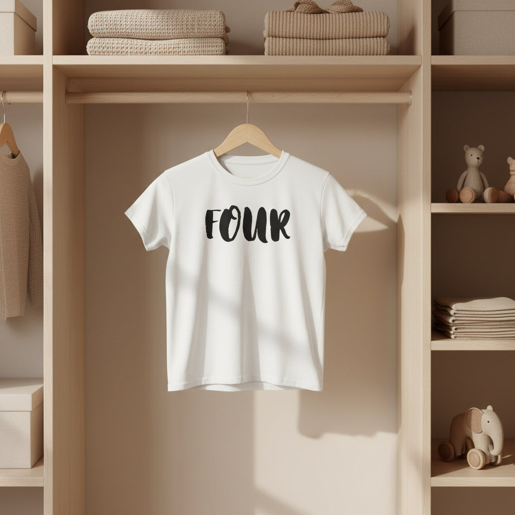 Kids 'Four' Birthday T‑Shirt — Fun Script Number Tee for 4-Year-Olds