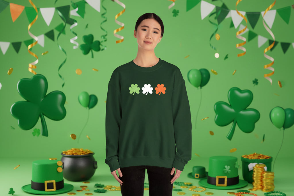 Irish Shamrock Trio Crewneck Sweatshirt – Green White Orange St. Patrick’s Day Pullover Flag Colors