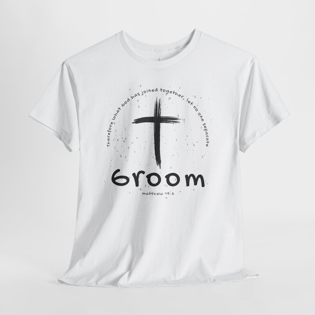 Groom Cross Tee — Christian Wedding Groom T-Shirt (Scripture Verse Design) - Christian - Matthew 19:6