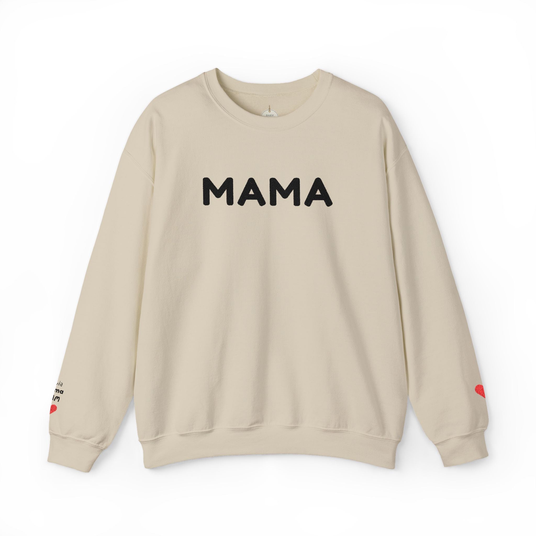 Embroidered - Personalized - Mama Crewneck Sweatshirt — Cozy Mother's Day Pullover with Heart Sleeve Detail