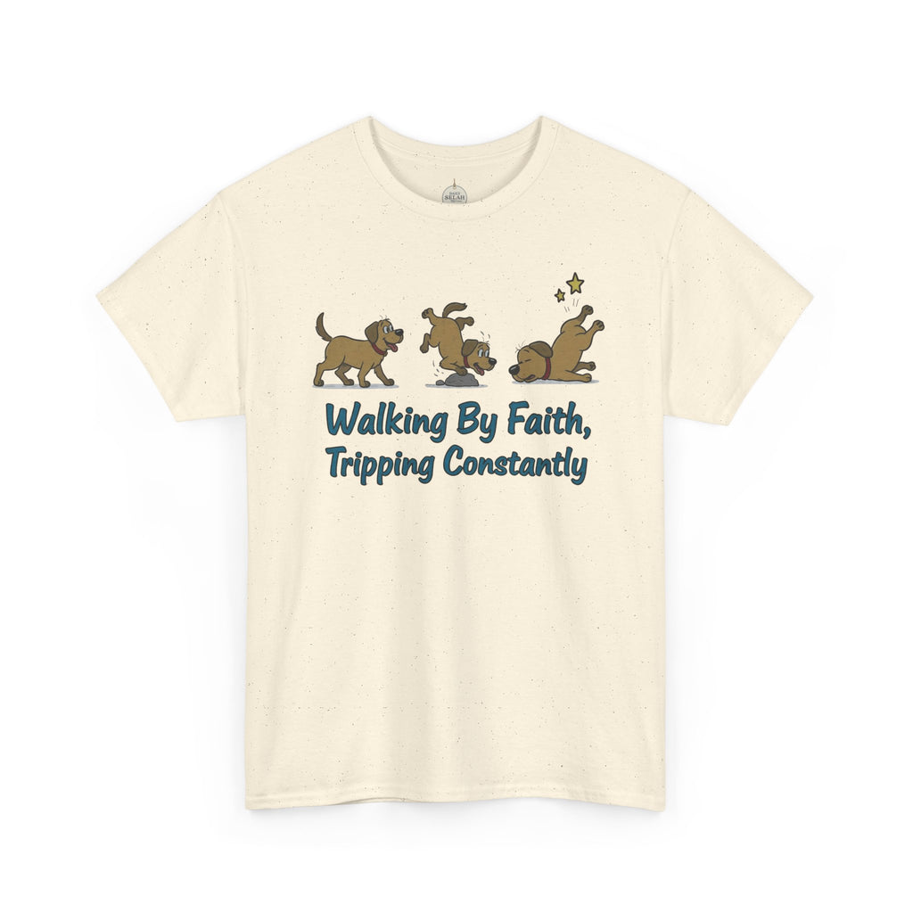 Faith Dog T-Shirt — "Walking By Faith, Tripping Constantly" Cute Christian Tee