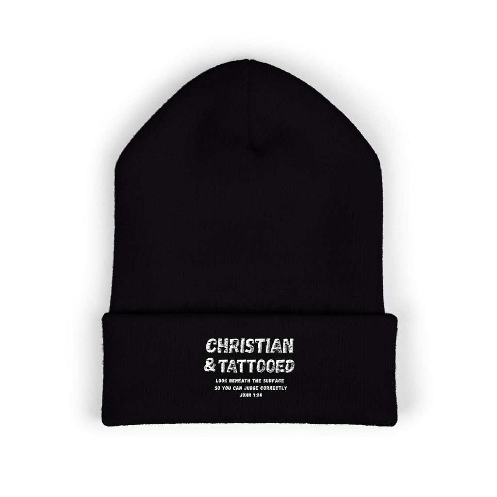 Embroidered 'Christian & Tattooed' Cuffed Beanie  Knit Winter Hat