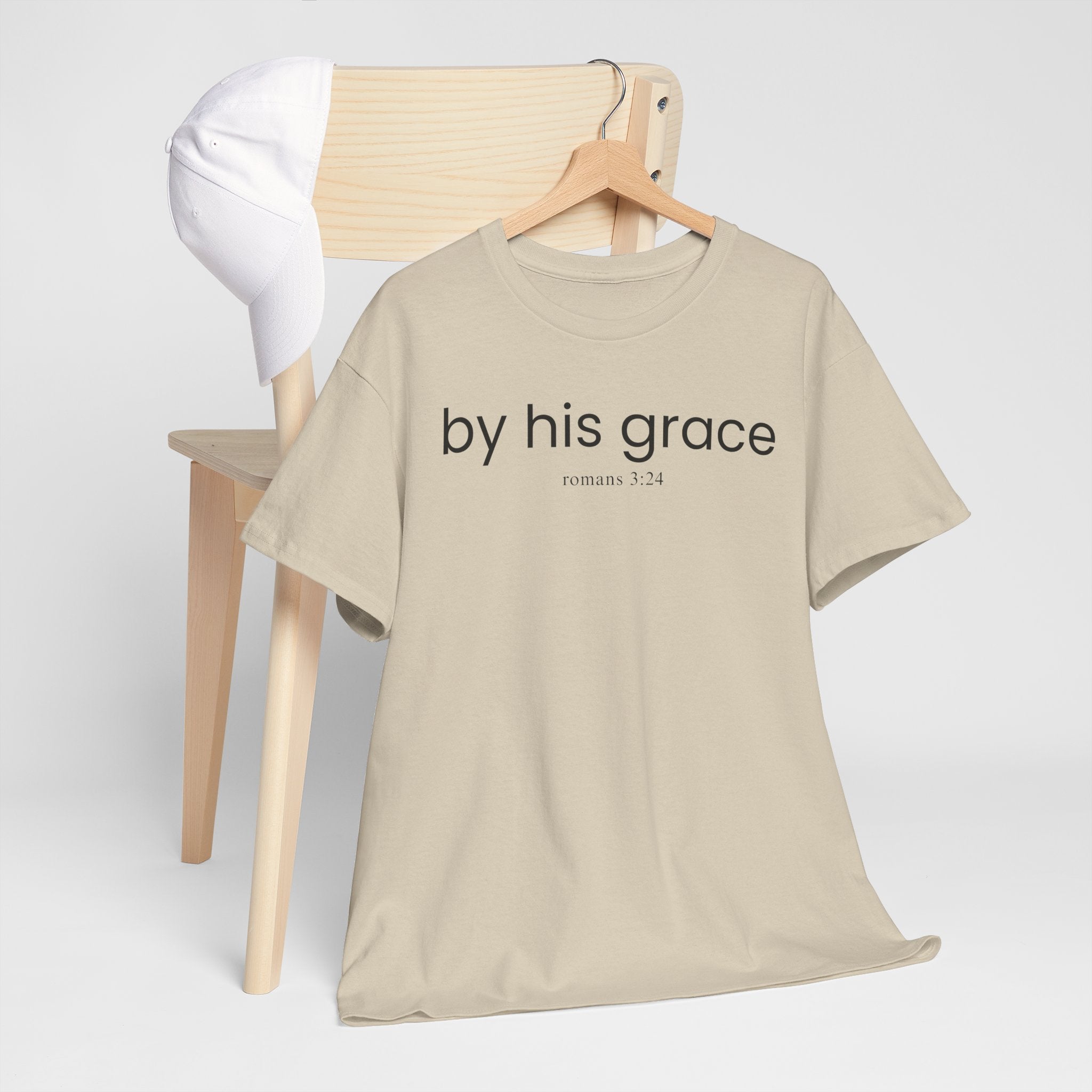 T-Shirt — "by his grace" Christian Scripture Tee (Romans 3:24)