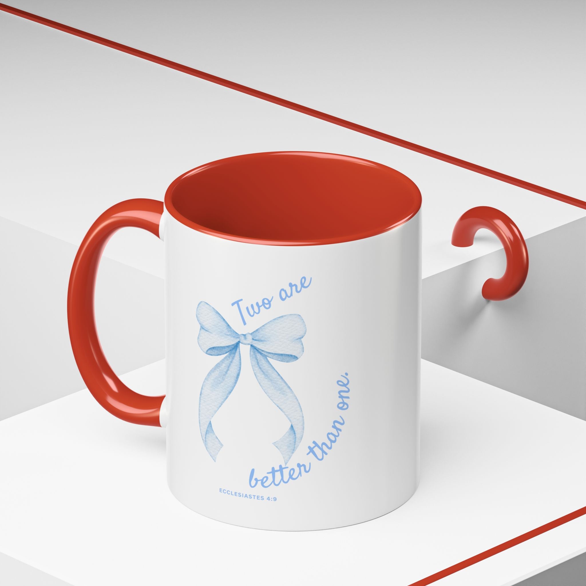 Accent Coffee Mug - "Two are better than one" Blue Ribbon Ceramic Mug Christian Wedding