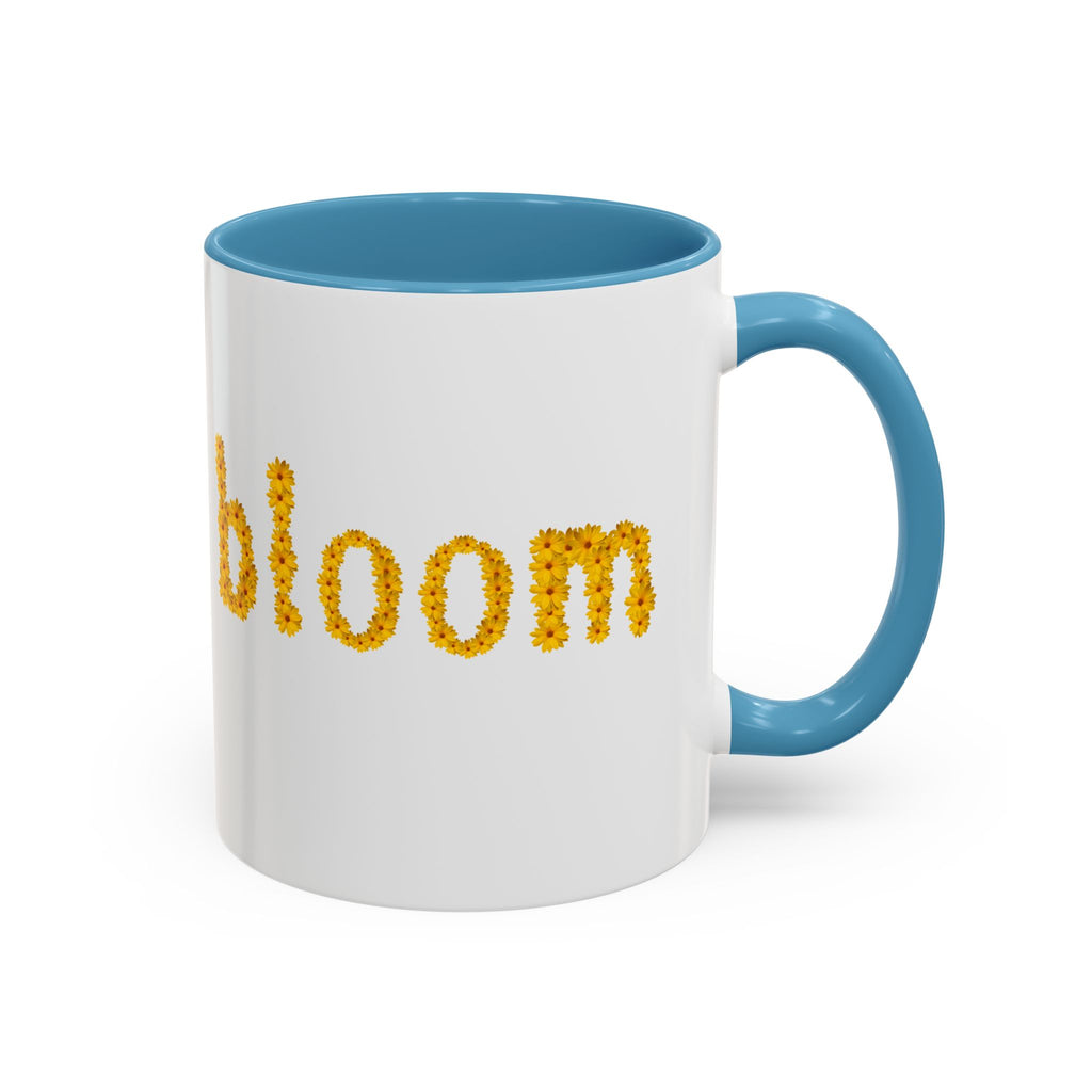 "bloom" floral text Coffee Mug | sunflower petal typography, white & black accent