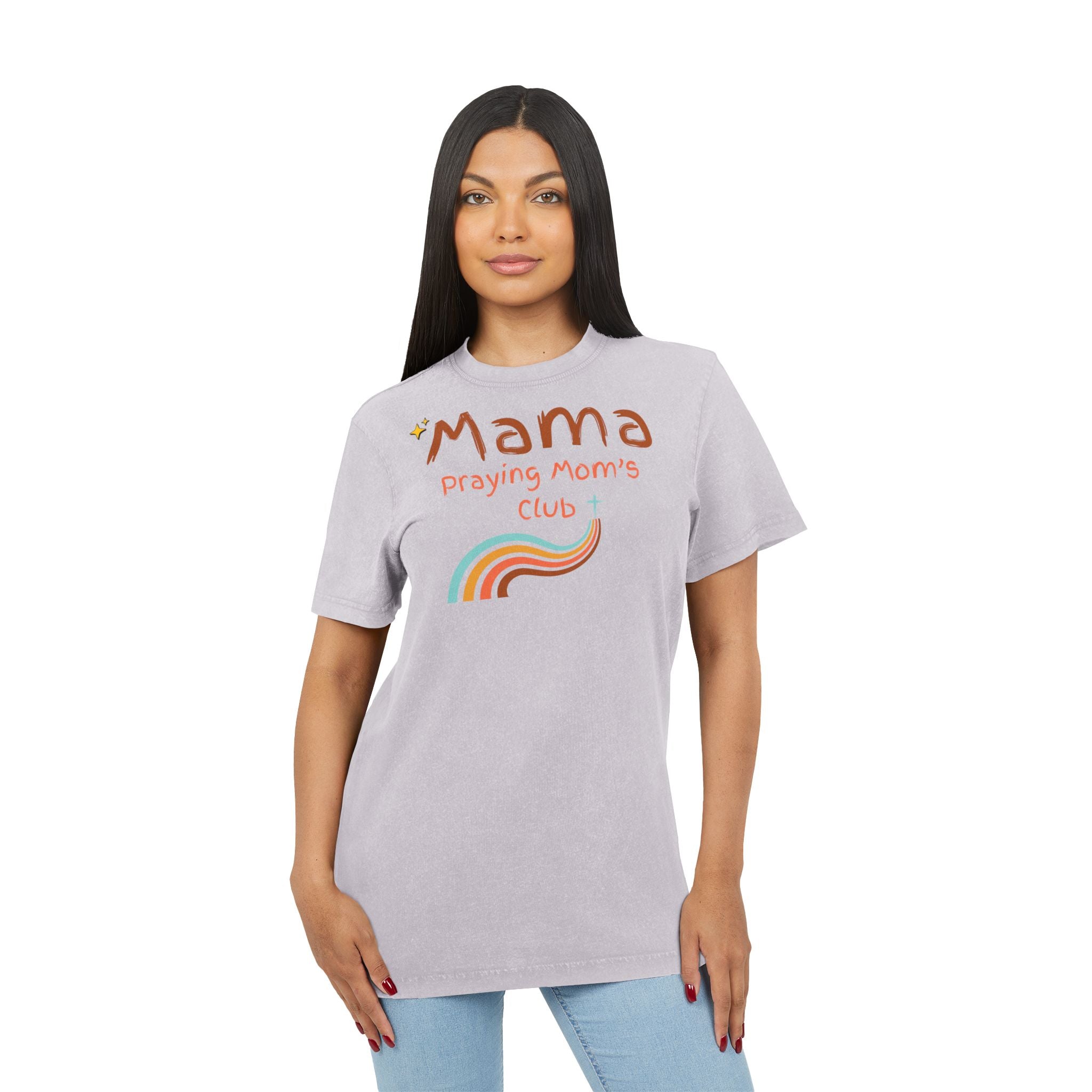 Mama Praying Moms Club Acid Wash Tee — Retro Rainbow Christian Mom Shirt