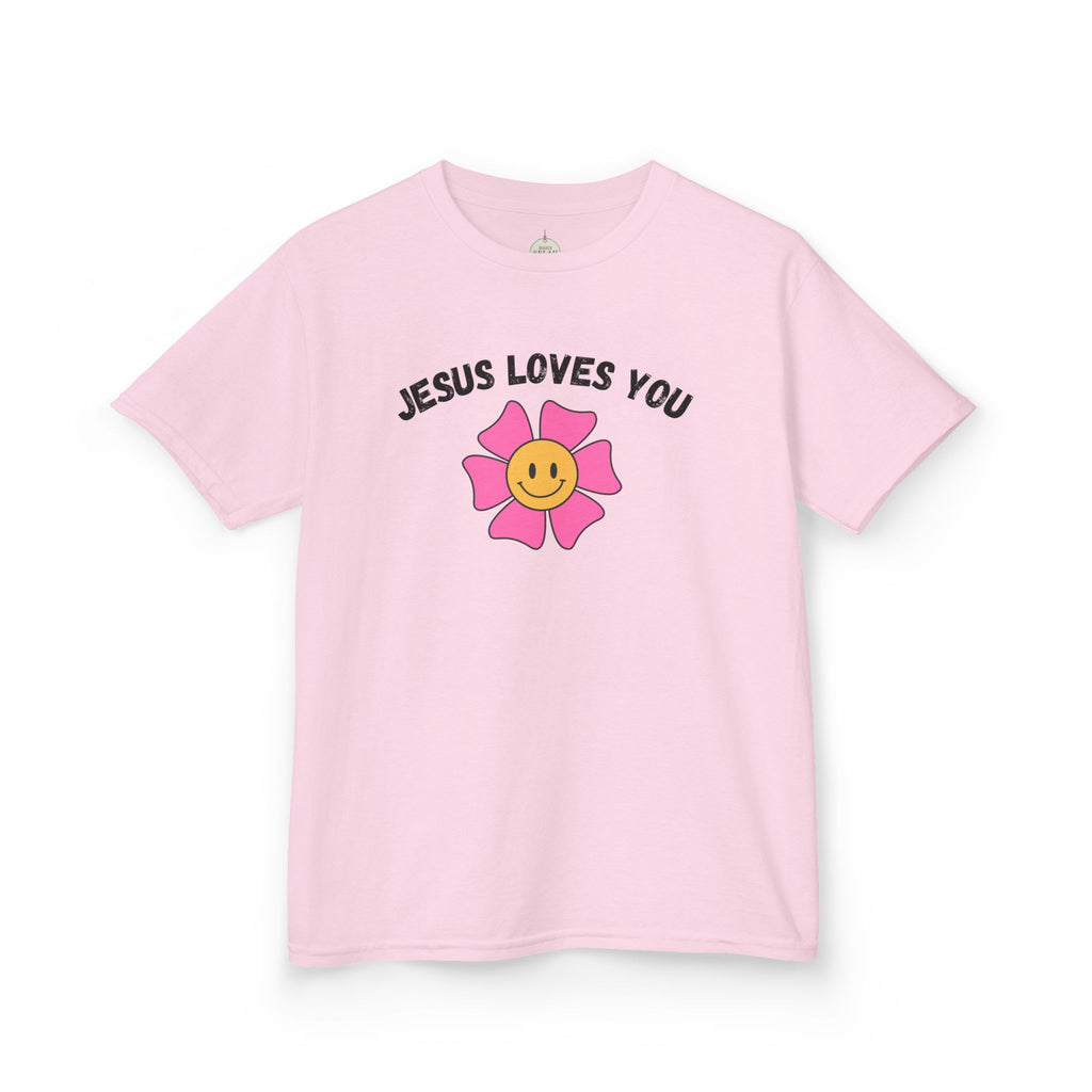 Kids T-Shirt — "Jesus Loves You" Smiley Flower Christian Tee