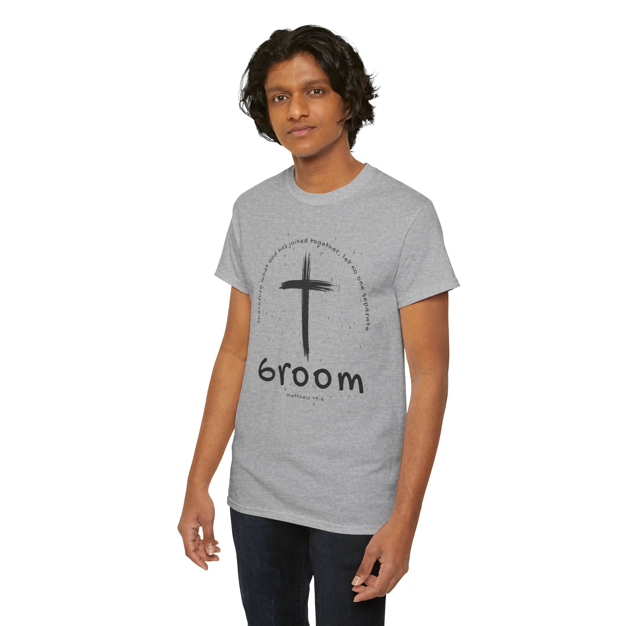 Groom Cross Tee — Christian Wedding Groom T-Shirt (Scripture Verse Design) - Christian - Matthew 19:6