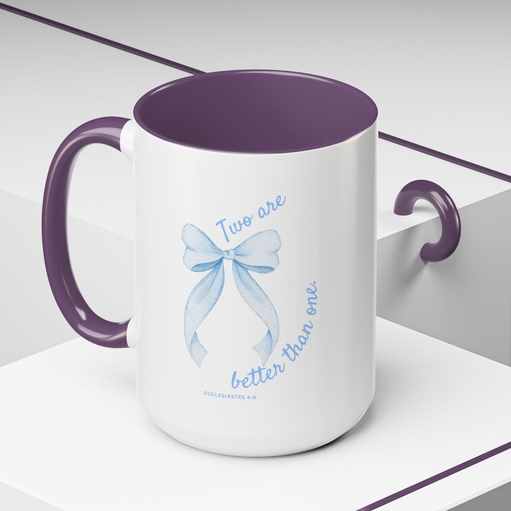 Accent Coffee Mug - "Two are better than one" Blue Ribbon Ceramic Mug Christian Wedding