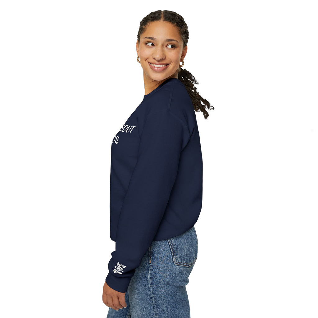 Embroidered Ask Me About Jesus Crewneck Sweatshirt — Christian Faith Conversation Pullover