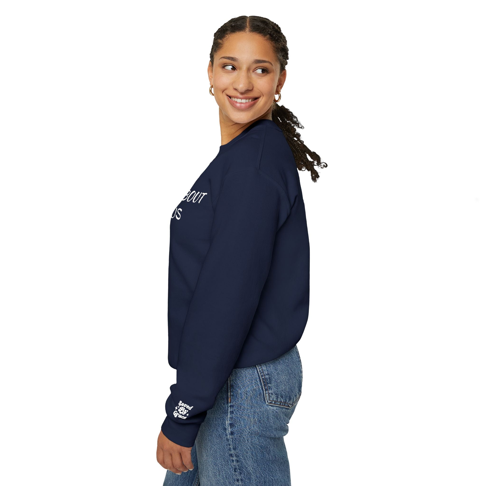 Embroidered Ask Me About Jesus Crewneck Sweatshirt — Christian Faith Conversation Pullover