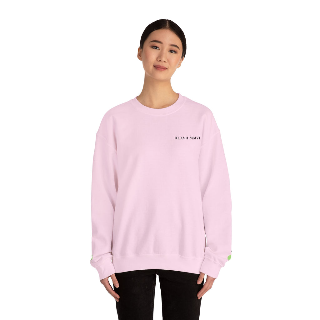 Embroidered - Personalized - Couples - Crewneck Sweatshirt — Minimal 'Human Being' Chest Text with Small Sleeve Floral Accents