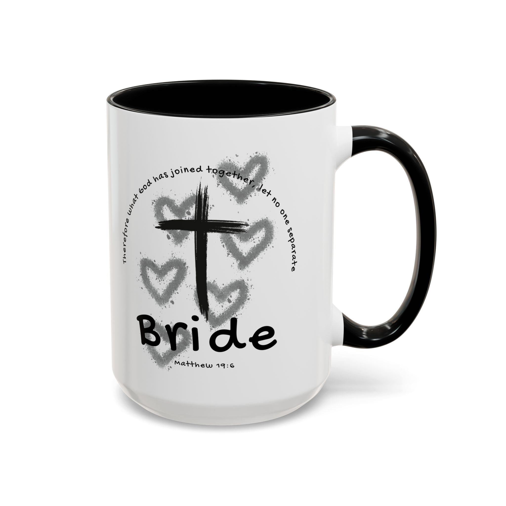 Bride Coffee Mug — Christian Cross & Hearts Accent Mug (Matthew 19:6)