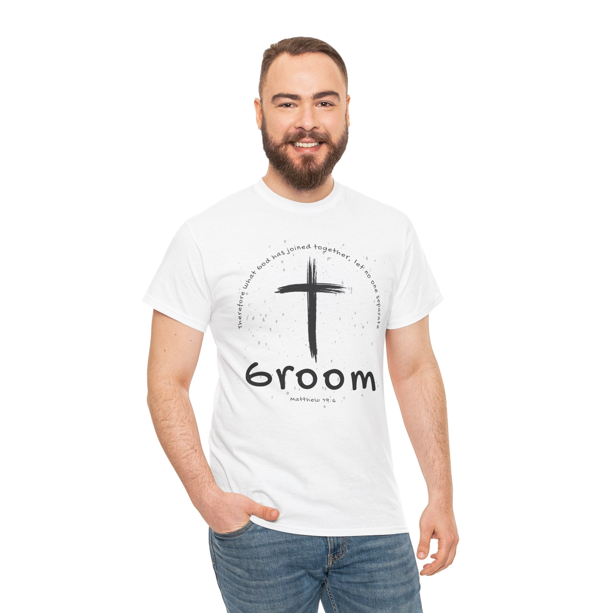 Groom Cross Tee — Christian Wedding Groom T-Shirt (Scripture Verse Design) - Christian - Matthew 19:6