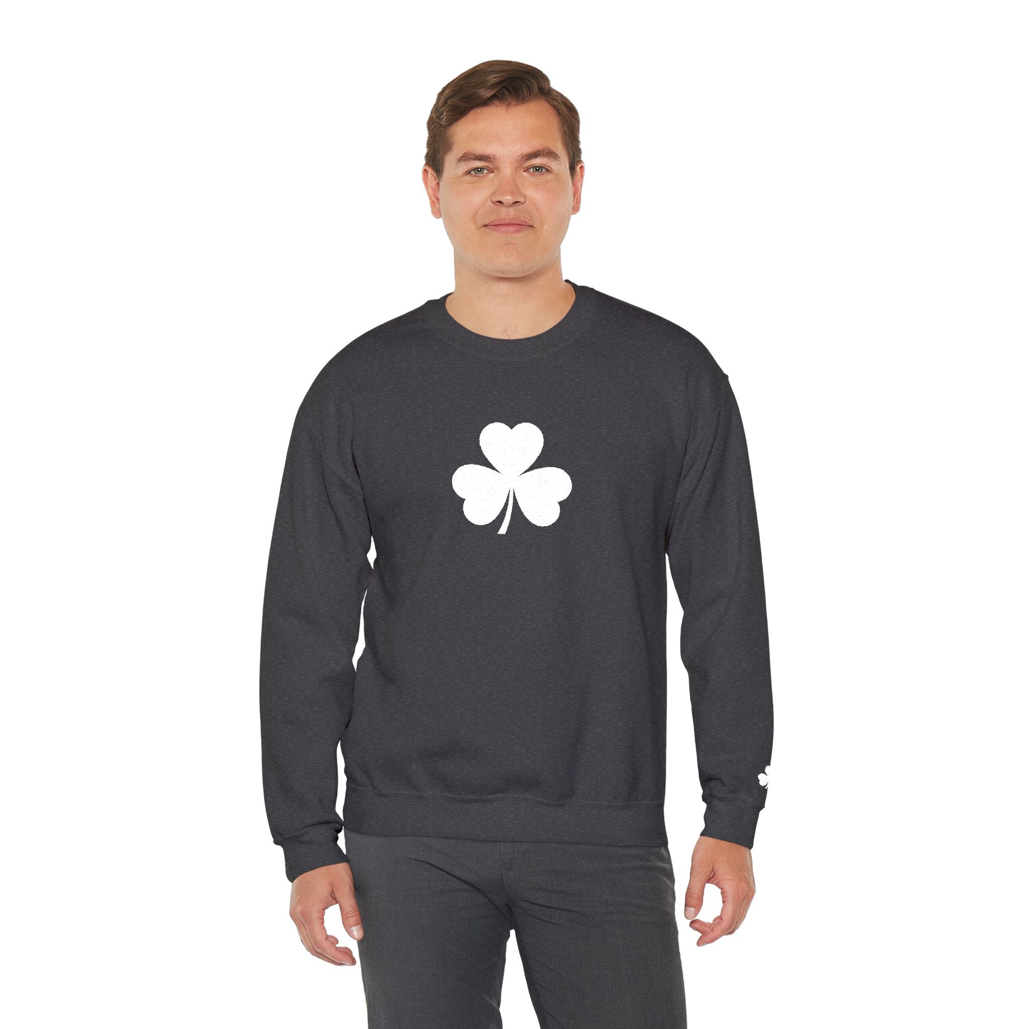 Embroidered Shamrock Crewneck Sweatshirt — Simple White Clover St. Patrick’s Day Pullover