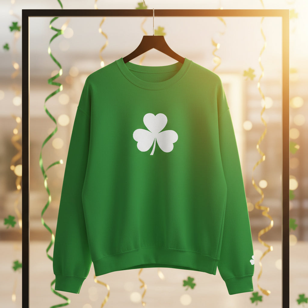 Embroidered Shamrock Crewneck Sweatshirt — Simple White Clover St. Patrick’s Day Pullover