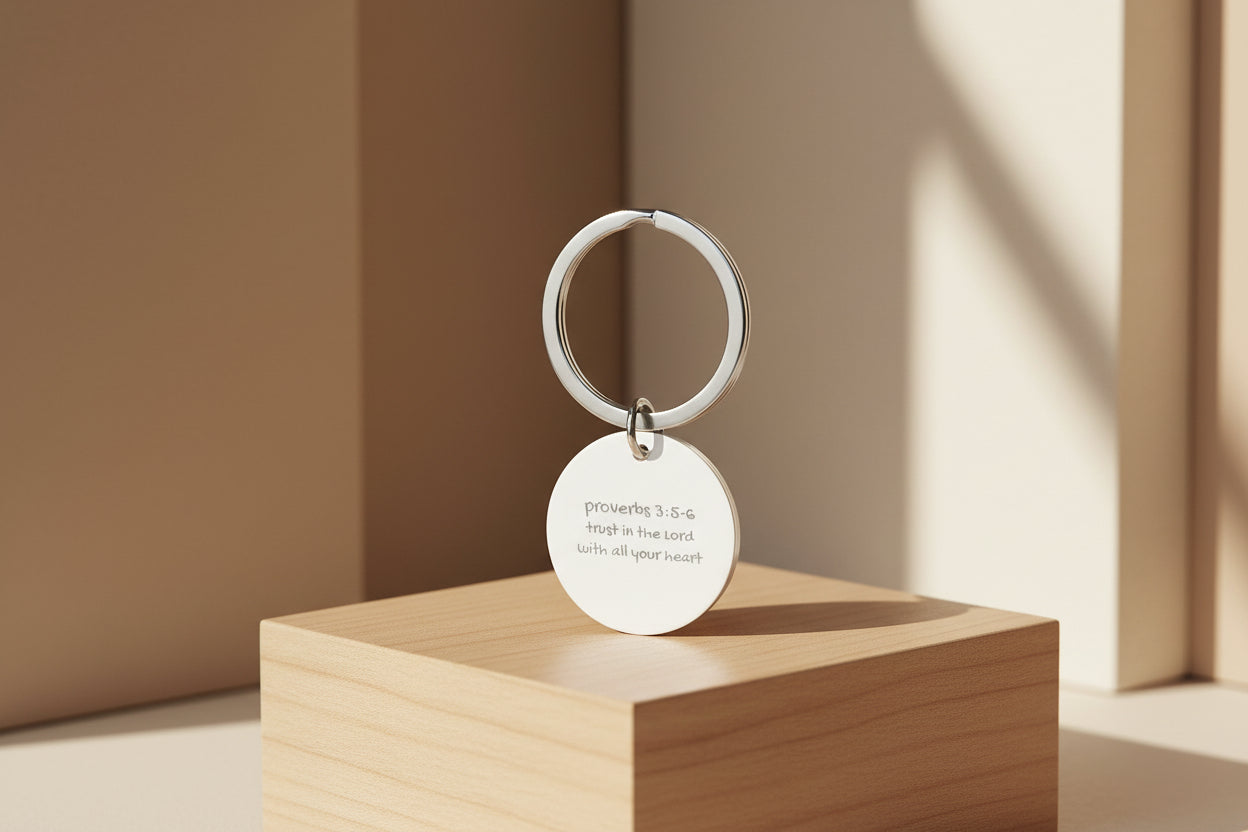 Pray, Trust, Wait, Repeat, Proverbs 3:5-6 Stainless Steel Round Keychain — "Pray, Trust, Repeat" Inspirational Keyring