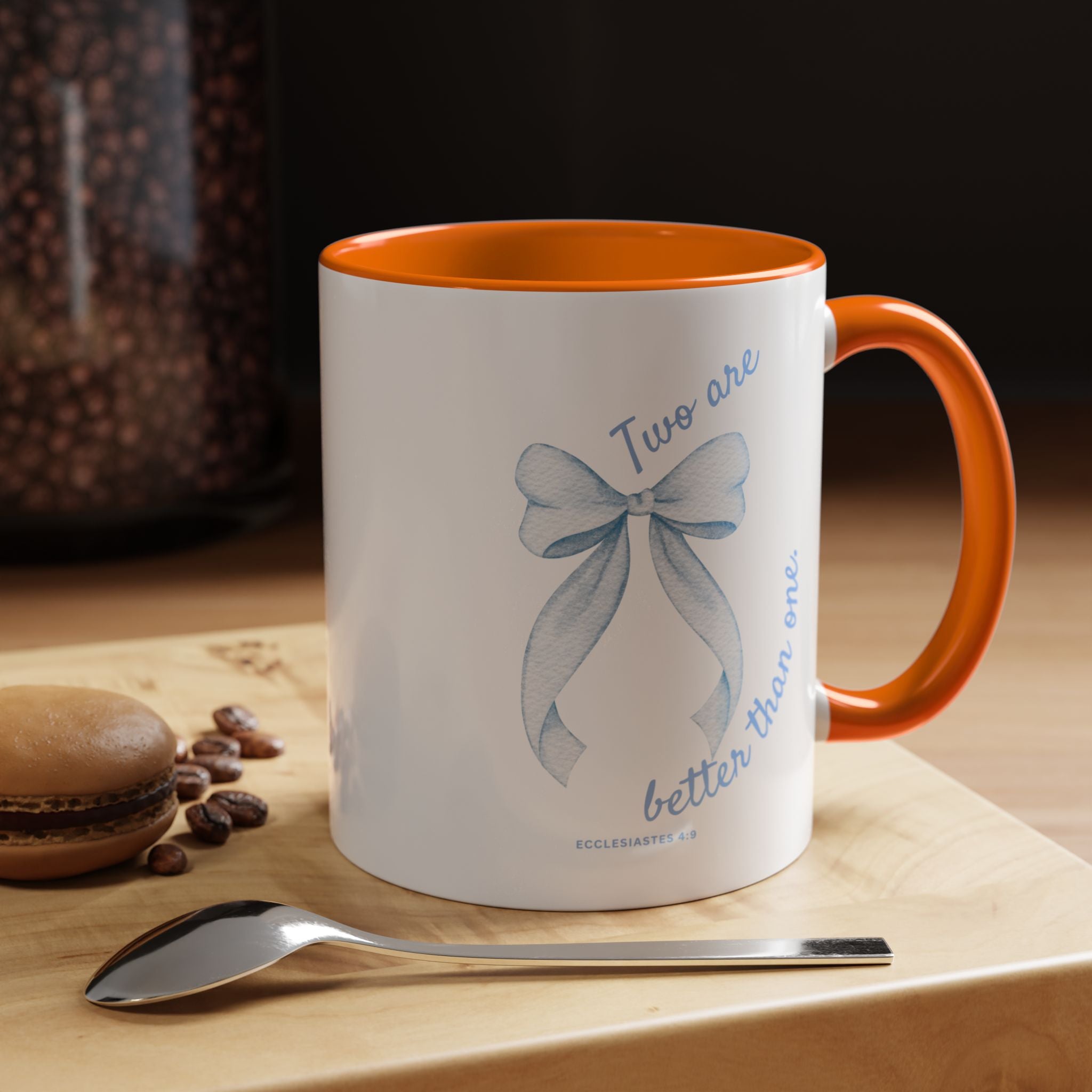 Accent Coffee Mug - "Two are better than one" Blue Ribbon Ceramic Mug Christian Wedding