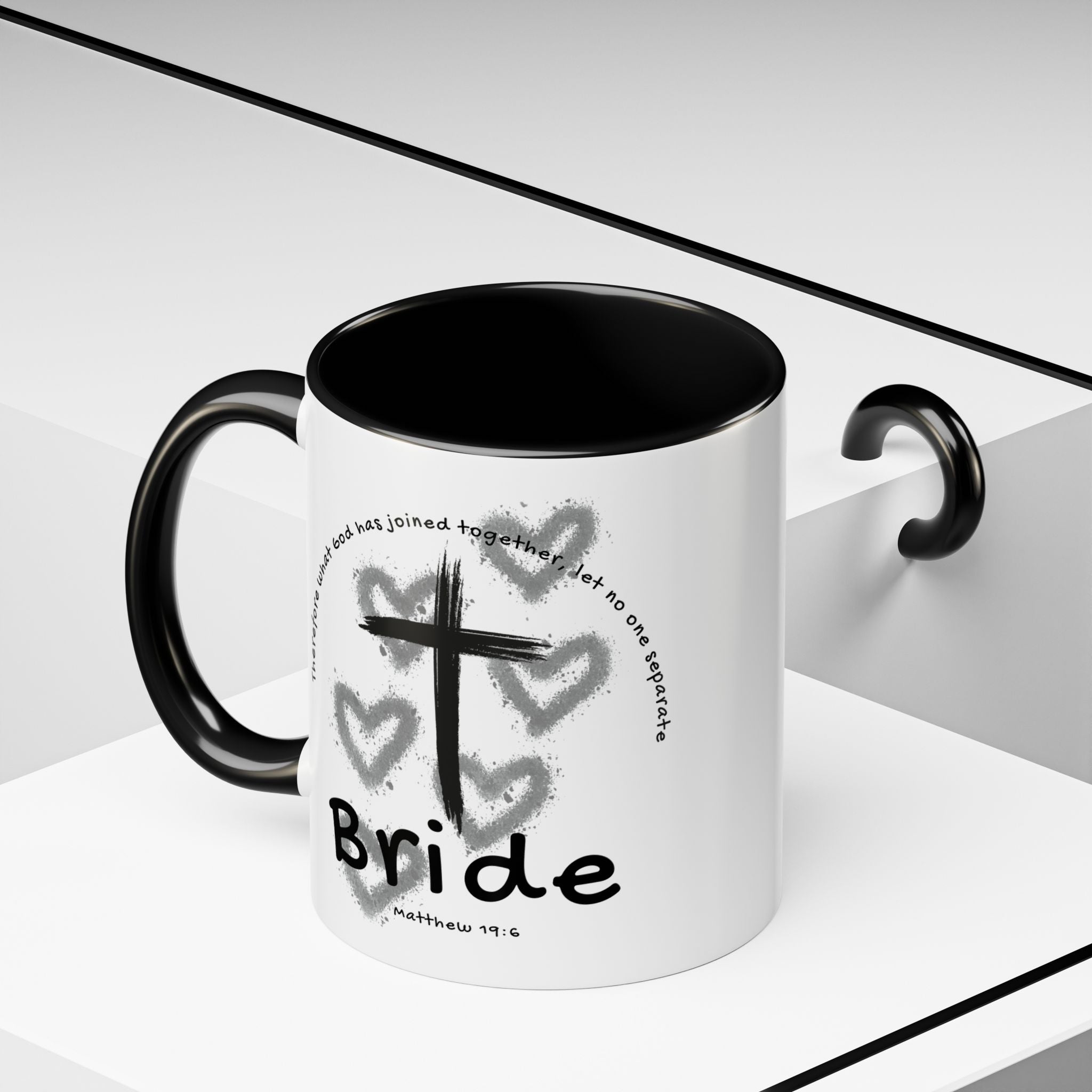 Bride Coffee Mug — Christian Cross & Hearts Accent Mug (Matthew 19:6)