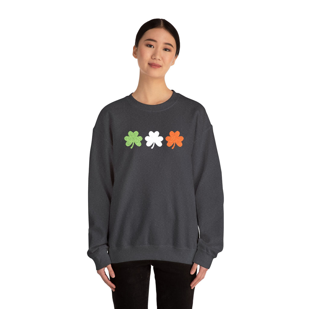 Irish Shamrock Trio Crewneck Sweatshirt – Green White Orange St. Patrick’s Day Pullover Flag Colors