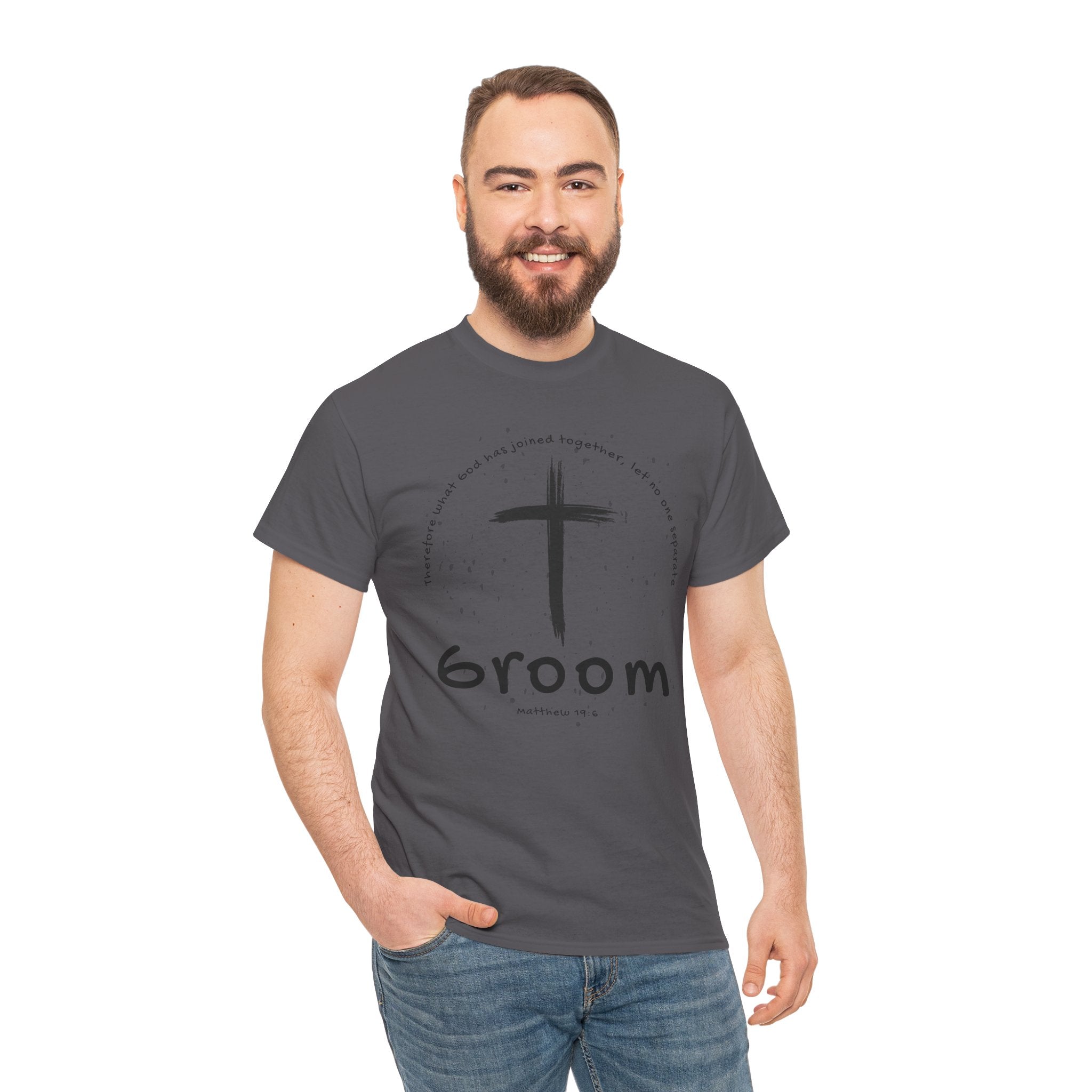 Groom Cross Tee — Christian Wedding Groom T-Shirt (Scripture Verse Design) - Christian - Matthew 19:6