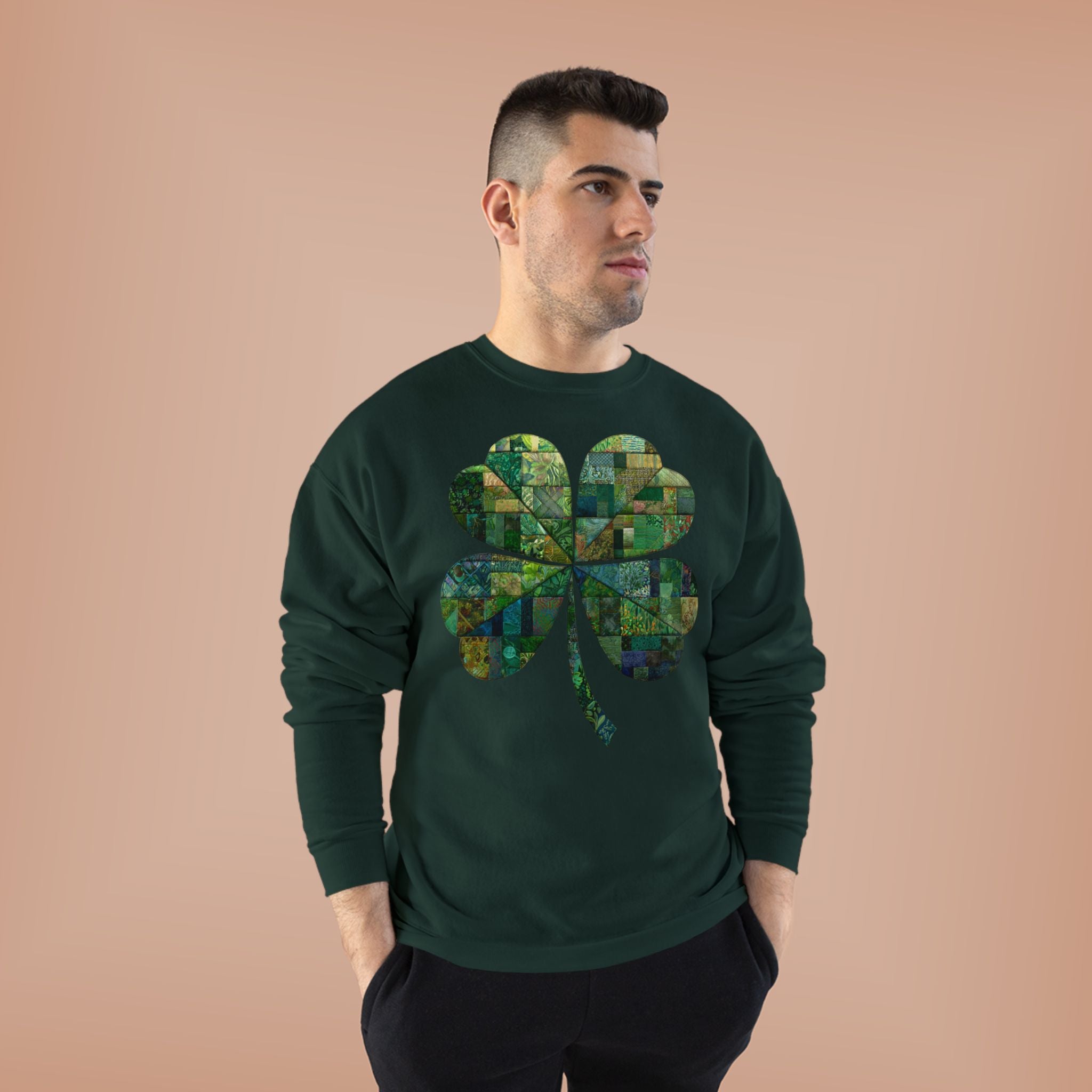 Green Mosaic Shamrock Crewneck Sweatshirt — St. Patrick’s Day Clover Design